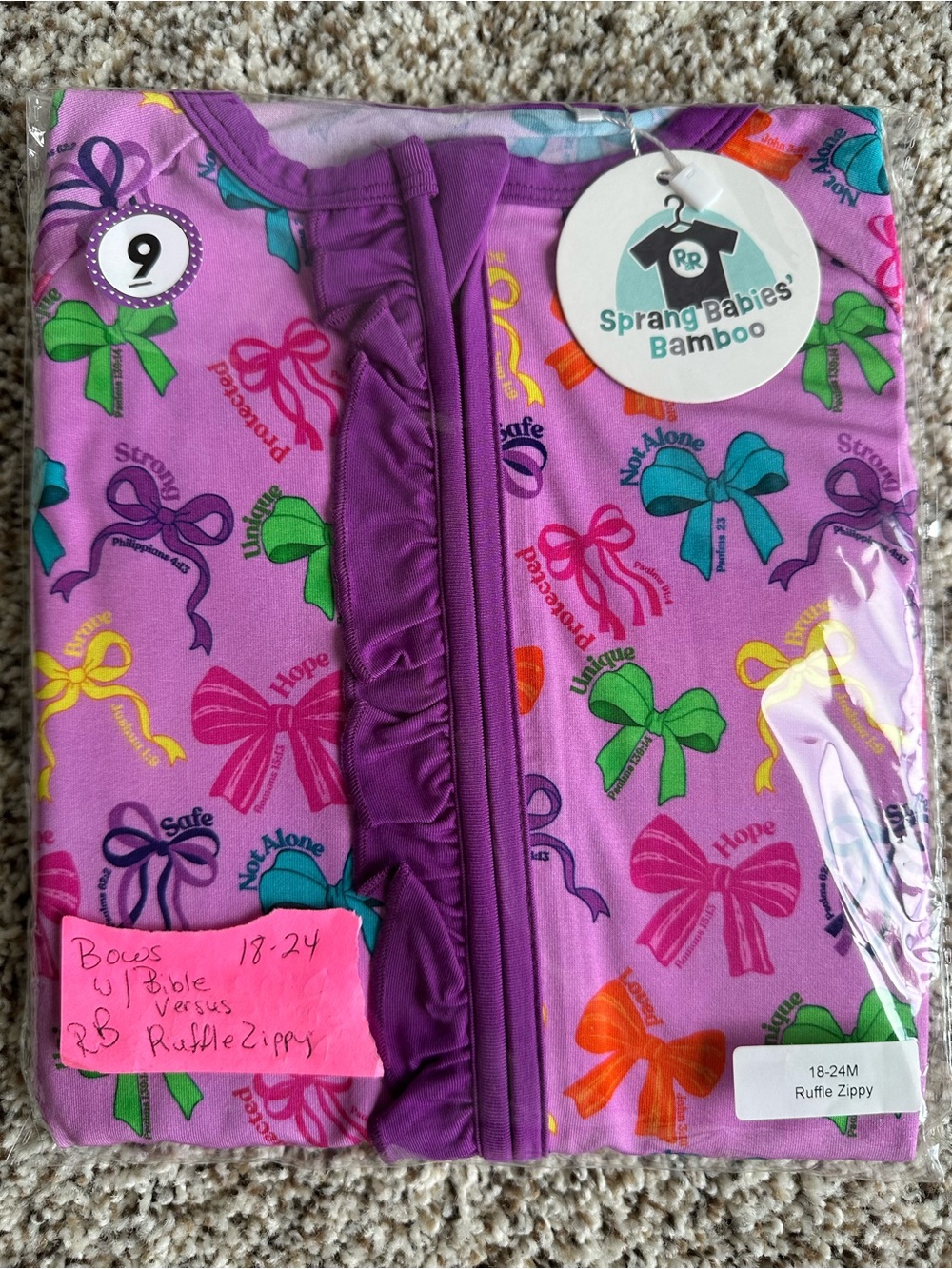 Purple Bamboo Ruffle Zippy One-Piece for Kids, Bow Print